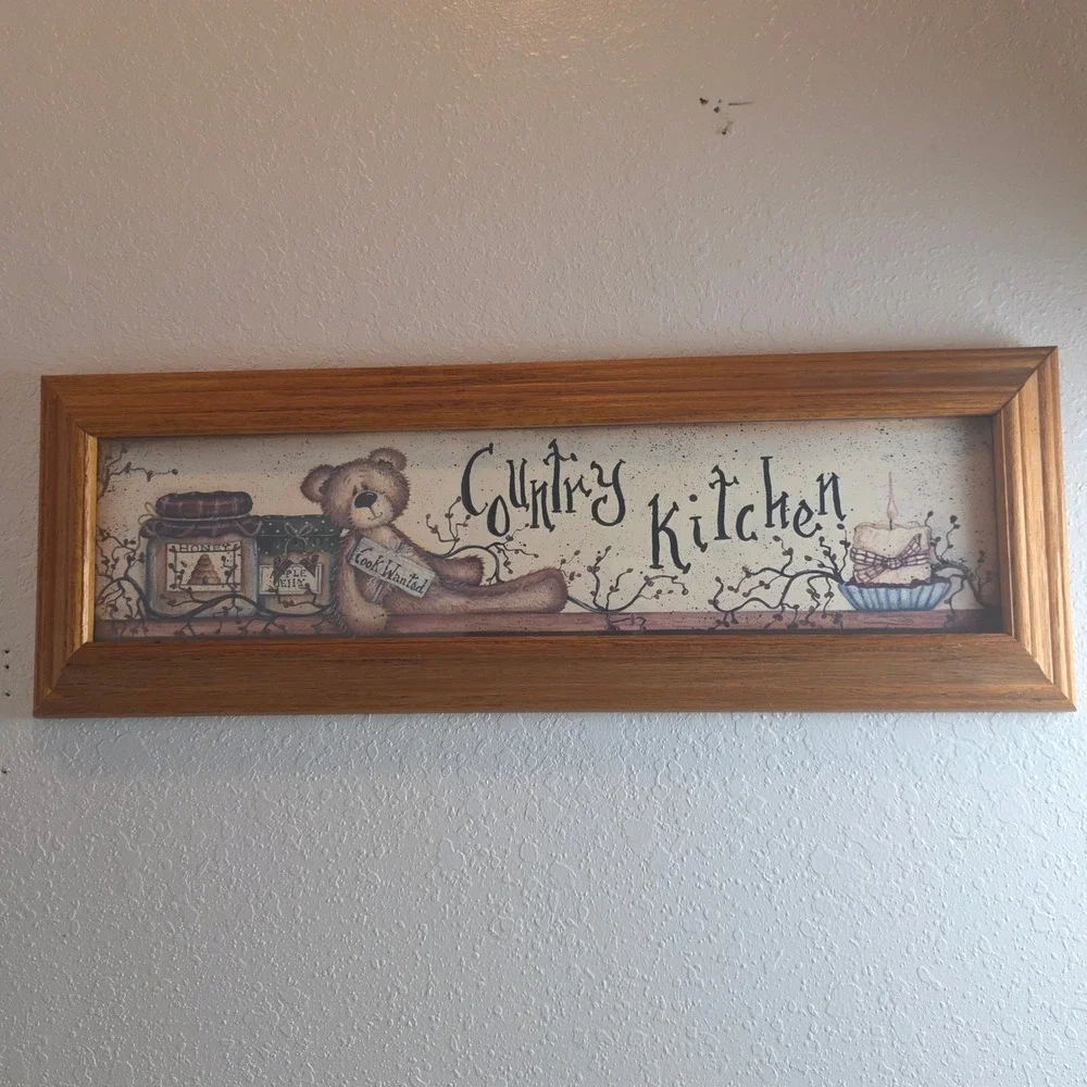 Vintage Mary Ann June Country Kitchen Oak Framed Art Primitive Teddy Bear